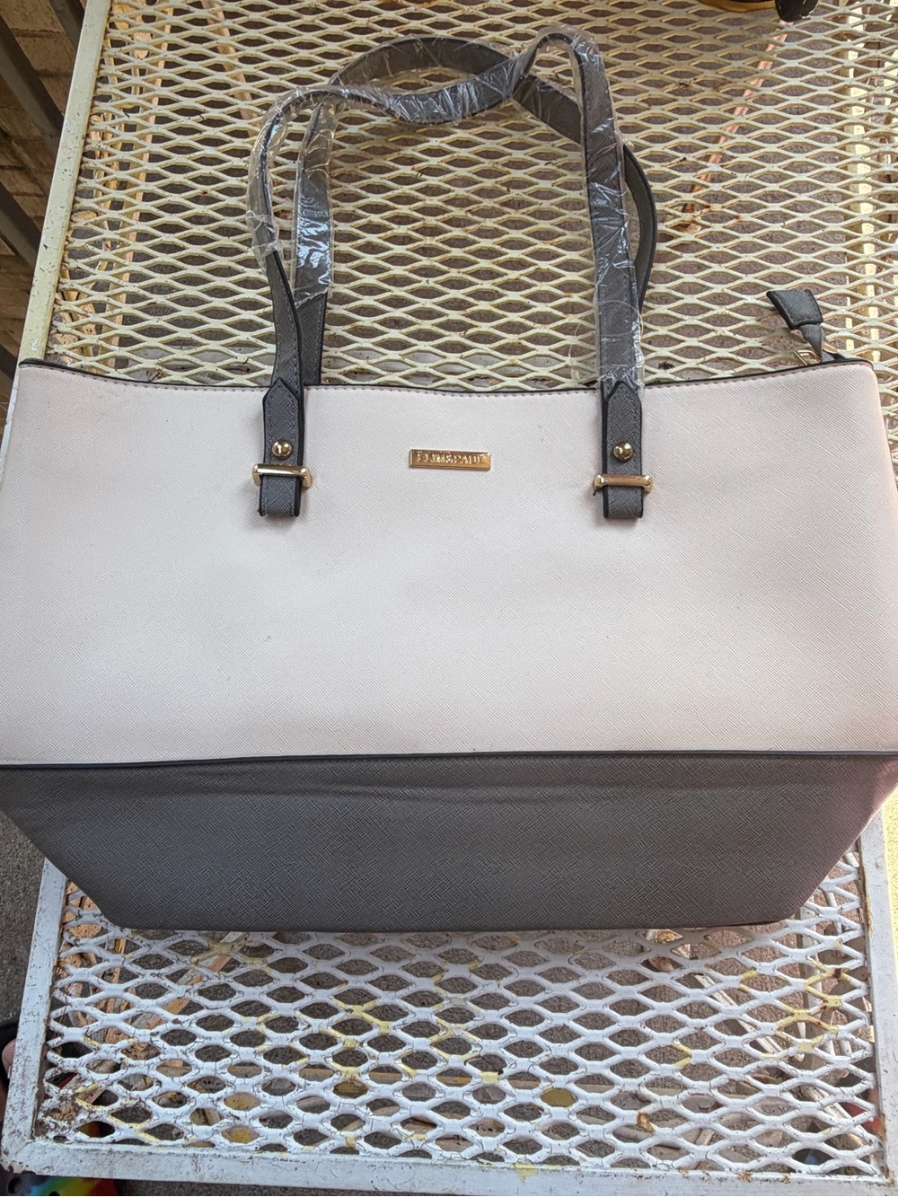 Two-Tone Cream and Gray Tote with Gold Accents